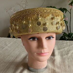 Luxurious Metallic Gold Coin Beaded Women's Hat with Beaded Accents
